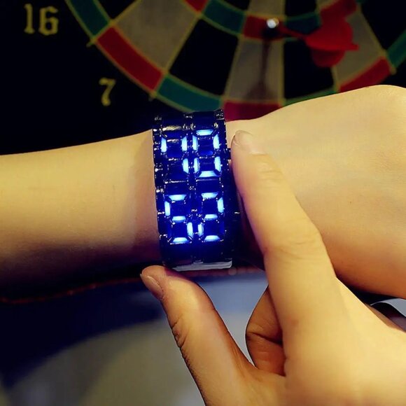 LED Digital‎ Watch, Black & Blue Stainless Steel Lava Style, Samurai Bracelet - Picture 8 of 13